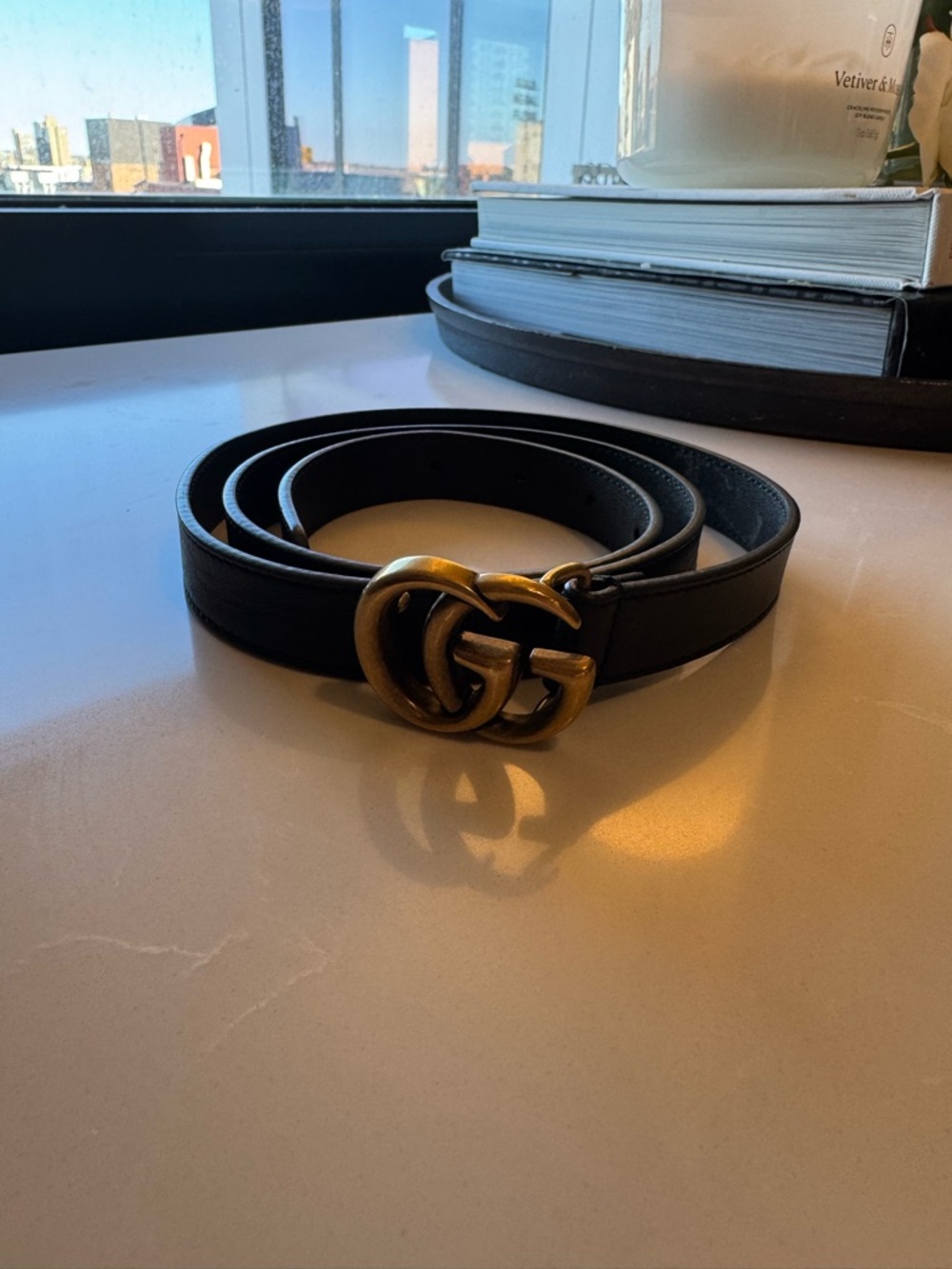 Gucci Black Leather Belt with Brass Double G Buckle